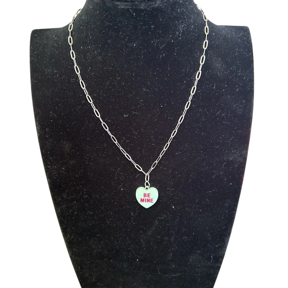 Conversation Hearts Be Mine Blue Heart Charm Silver Dainty Necklace Chain
